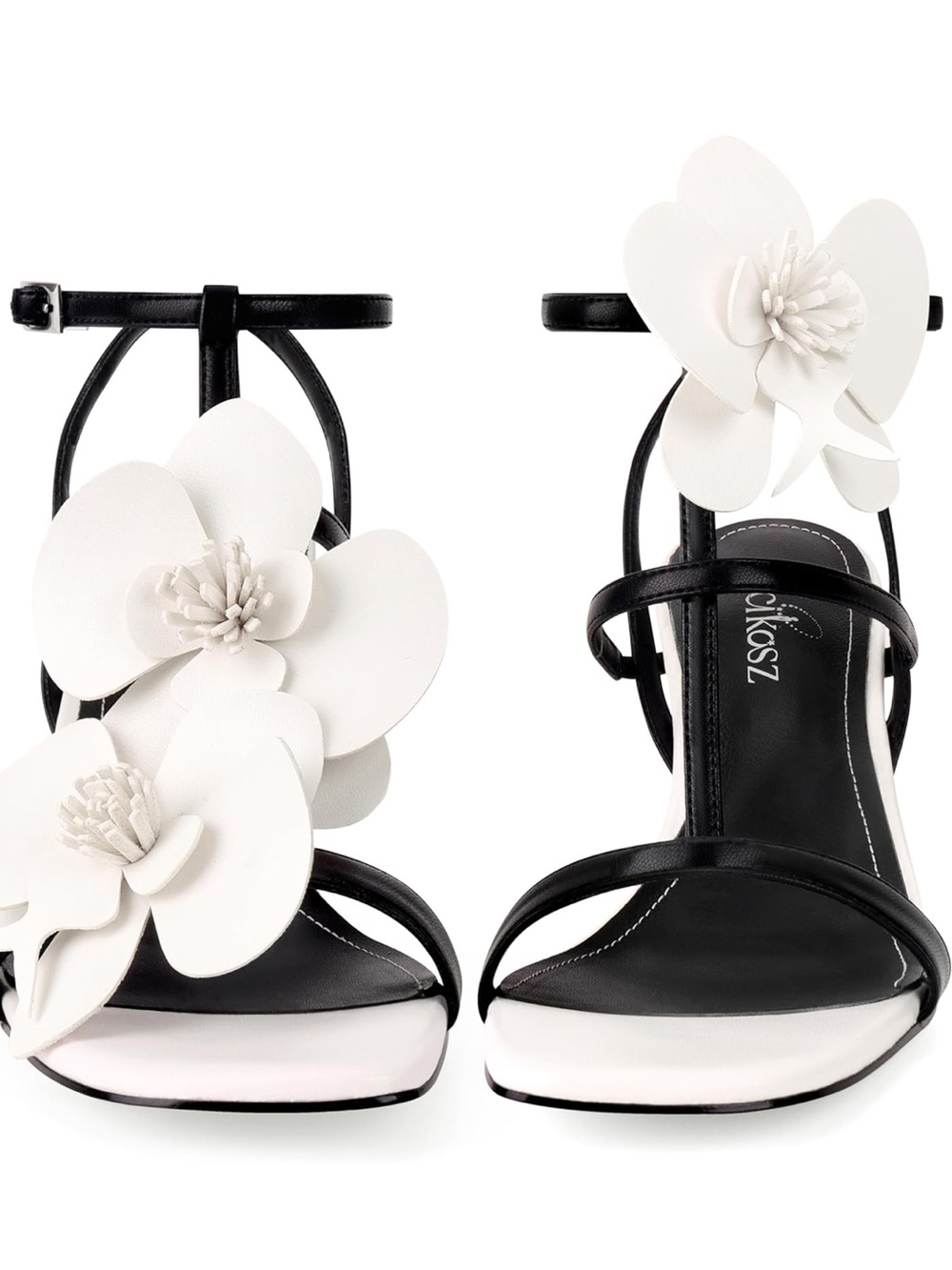 Shoe Dazzle Black Sandals with White Floral Embellishments